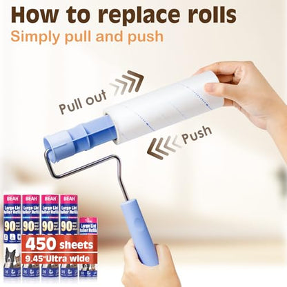 BEAH Large Lint Roller for Pet Hair Extra Sticky,9.45''Pet Hair Removal Tool Roller for Pet Dog Cat Hair (1 Roller+4 Long Rolls 1 Short roll) - size: 1 Roller+4 long rolls 1 short roll