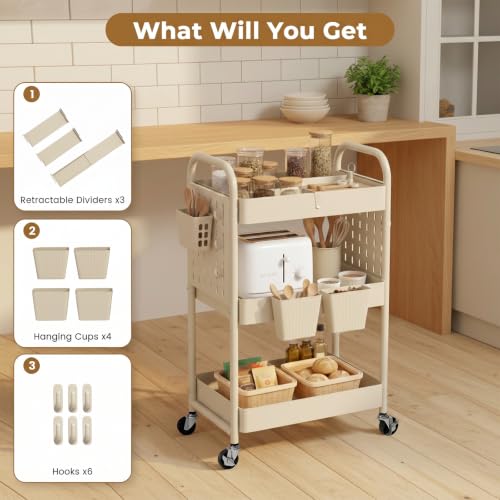 danpinera 3 Tier Rolling Cart with Retractable Dividers, Multi-Functional White Rolling Utility Cart with Pegboards, Hooks & Hanging Cups for Nursery, Living Room, Studio - color: Beige, size: with Dividers