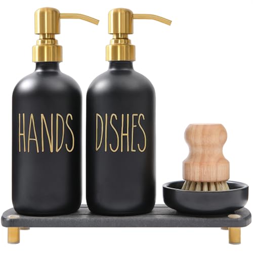 MOMEEMO Soap Dispenser Set Comes with Stainless Pumps, Instant Dry Tray, and Dish Scrub Brush, Suitable for Black and Gold Kitchen Decor. (Black & Gold) - color: Gold2
