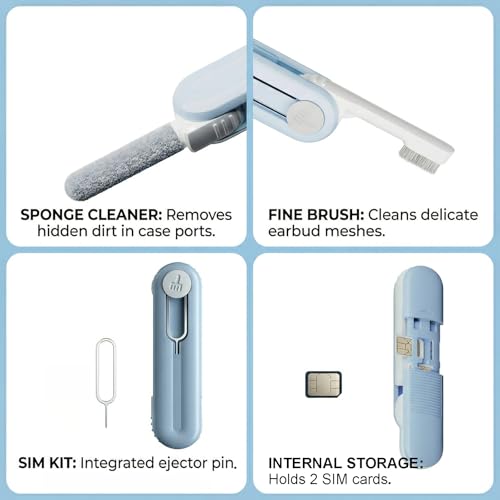 Electronic Cleaning Kit for Earbuds Phone, 3-in-1 Cleaner Tool with High-Density Brush SIM Ejection Pin, Portable 2.8in Case for AirPods iPhone Tablet Charging Port - Blue - size: 3-in-1