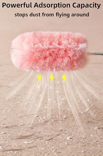Heavy Duty Duster Refills, Disposable Dusters Kit for Cleaning Dusting Furniture Blind Ceiling Fan, Multi Surface 360 Feather Duster(10)+3FT Extended Handle（1） (Pink) - color: Pink
