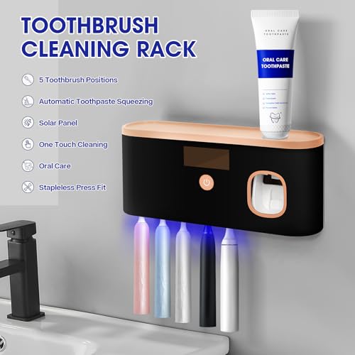 Smart Toothbrush Holder for Bathroom with Toothpaste Dispenser, USB Charging with 5 Toothbrush Slots for Family (Black) - color: Black