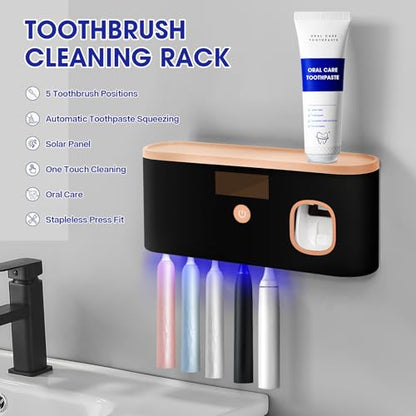 Smart Toothbrush Holder for Bathroom with Toothpaste Dispenser, USB Charging with 5 Toothbrush Slots for Family (Black) - color: Black