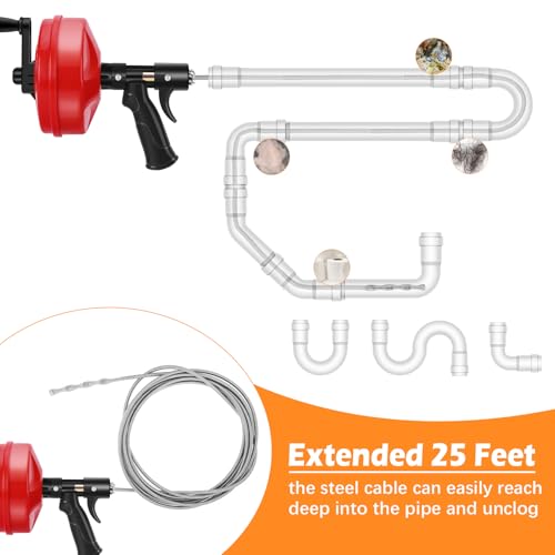 25 FT Double Mode Drain Snake Tools, 14-in-1 Drain Auger【Upgraded】 | for Sink and Drain Unblocking, Plumbing Snake for Kitchen, Bathrom and Shower Sink, Drain Clog Remover for Real DYIs - color: 25FT-Red&Black