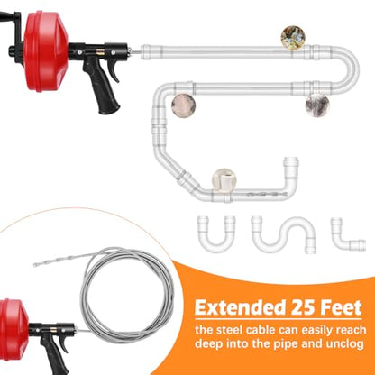 25 FT Double Mode Drain Snake Tools, 14-in-1 Drain Auger【Upgraded】 | for Sink and Drain Unblocking, Plumbing Snake for Kitchen, Bathrom and Shower Sink, Drain Clog Remover for Real DYIs - color: 25FT-Red&Black