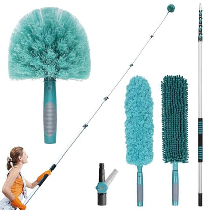 TelesPro 36 Foot High-Reach Duster Kit with 7-30FT Extendable Pole - High Ceiling Duster Cleaning Kit with Telescopic Pole,Cobweb Duster, Chenille Ceiling Fan Duster, Microfiber Feather Duster - size: 30 FT