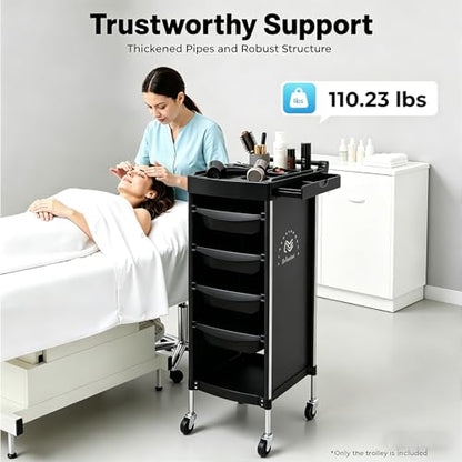Salon Trolley Cart with Wheels, 6-Tier Beauty S-alon Cart with 4 Drawers, Space-Saving Rolling Salon Versatile Utility Cart, Open Top Floor, 110.23lbs Load-Bearing, Retractable Trays (Black) - color: Black