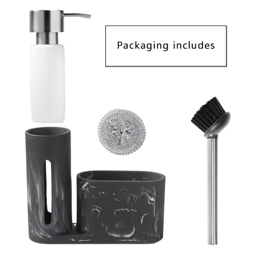 Kitchen Soap Dispenser Set 3 in 1, Dish Soap Dispenser with Sponge Holder, Dish Brush & Brush Holder, Kitchen Sink Caddy Organizer for Countertop, Rustproof（Black） - color: Black
