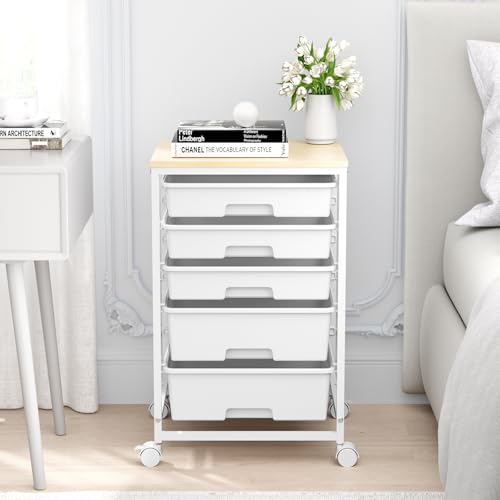 SYKIARIOL Utility Cart with 5 Drawers,Storage Drawer Cart with Wooden Tabletop and Lockable Wheels,Craft Storage Trolley Cart,5-Tier Rolling Utility Cart on Wheels,Bright White - color: Bright White