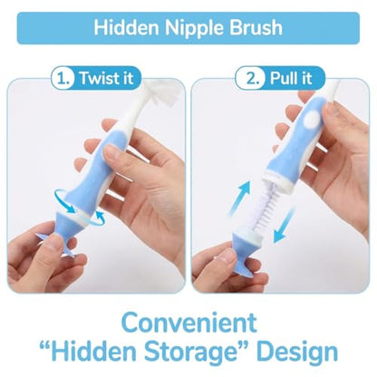 Ariseno 5-in-1 Baby Bottle Brush Set, Including Nylon and Silicone Bottle Brush, Bottle Cap, Straw and Nipple Cleaner, BPA-Free (Blue) - color: Blue-nylon Silicone