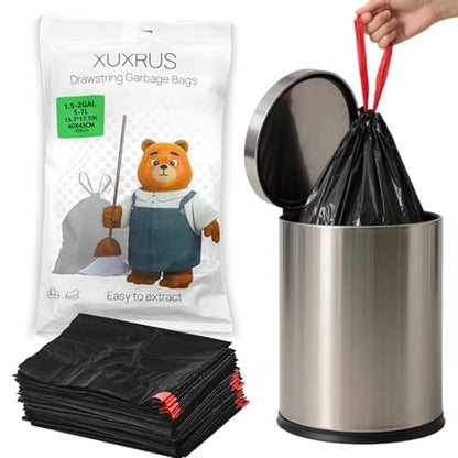 XUXRUS 1.5 Gallon Small Trash Bags, 60 Count Black Drawstring Garbage Bags | Tear-Resistant Mini Trash Bags with Easy Tear-Off Design, Suitable for Bathroom Waste Bins and Office Trash Cans - style: 1.5 GAL-Black-60