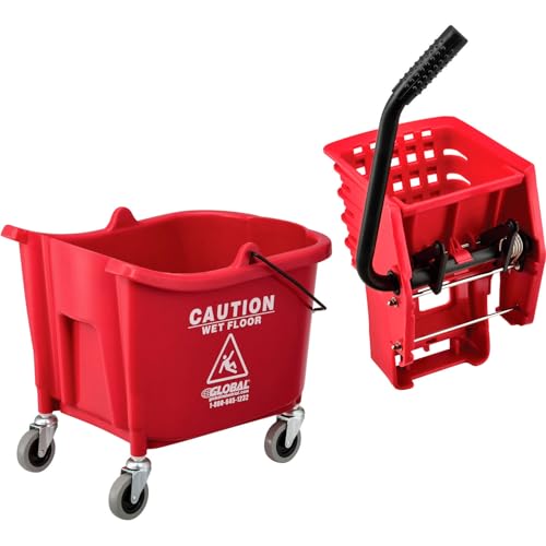 Global Industrial Commercial Mop Bucket and Wringer Combo with Side Press, 38 Quart Capacity, Durable Corrosion-Resistant Polypropylene, 3" Swivel Casters, Red - color: Red