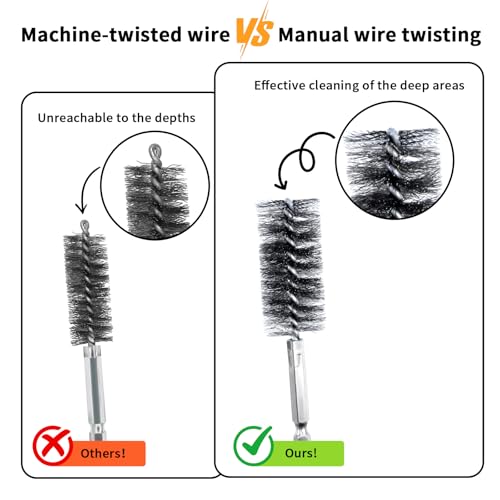 Wayona 20PCS Hand-Twisted Stainless Steel Bore Brush Set & Deep Reaching Wire Brush, 1/4" Hex Shank Drill Attachment for Rust Removal and Cleaning (8,10,13,15,17,19,22,25,28,30mm, Each Size 2Pcs)