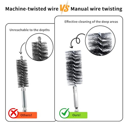 Wayona 20PCS Hand-Twisted Stainless Steel Bore Brush Set & Deep Reaching Wire Brush, 1/4" Hex Shank Drill Attachment for Rust Removal and Cleaning (8,10,13,15,17,19,22,25,28,30mm, Each Size 2Pcs)