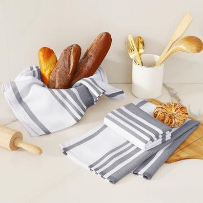 Homaxy Premium Kitchen Towels 18”x 28”, Large Cotton 380 GSM Kitchen Hand Towels, Stripe and Terry Dish Towel, Highly Absorbent Tea Towel Set with Hanging Loop, 6 Pack, Grey - color: Grey Stripe, style: 6-pack