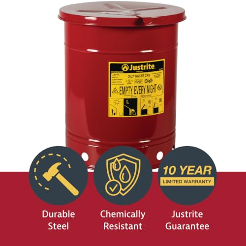 Justrite 14 Gallon Galvanized Steel Oily Waste Can, 20" x 16" Metal Oil Rag Safety Can with Hand Operated Self-Closing Lid for Oil Rag Disposal, Made in The USA, Red, 09510 - color: Red, size: 14 Gallon, style: Hand-Operated Lid