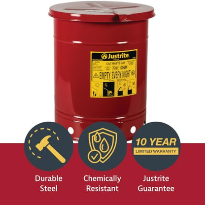 Justrite 14 Gallon Galvanized Steel Oily Waste Can, 20" x 16" Metal Oil Rag Safety Can with Hand Operated Self-Closing Lid for Oil Rag Disposal, Made in The USA, Red, 09510 - color: Red, size: 14 Gallon, style: Hand-Operated Lid