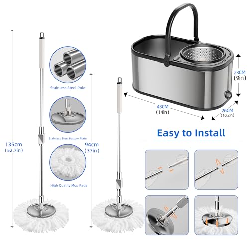 Spin Mop and Bucket with Wringer Set for Home,360° Mop and Bucket with Separate Clean and Dirty Water,Wet Dust Mop for Floor Cleaning with Extra Refills (Silver with 6 Pads) - color: Silver With 6 Pads