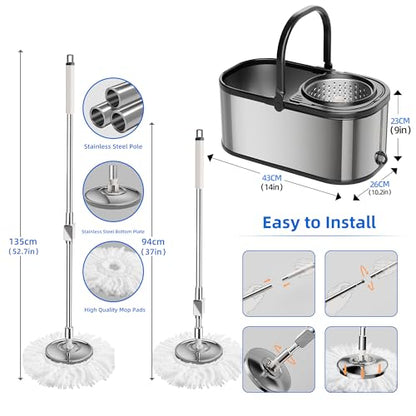 Spin Mop and Bucket with Wringer Set for Home,360° Mop and Bucket with Separate Clean and Dirty Water,Wet Dust Mop for Floor Cleaning with Extra Refills (Silver with 6 Pads) - color: Silver With 6 Pads