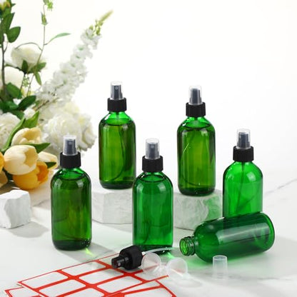 Norme 12 Pcs 8 oz Glass Spray Bottles with Funnels and Labels Refillable Cosmetic Empty Spray Bottles with Sprayer Containers for Essential Oil Cleaning Solutions (Green,Stylish) - color: Green, style: Stylish
