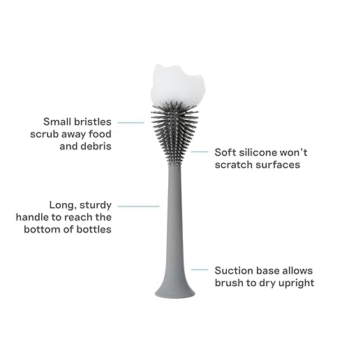 ezpz Bottle Brush (Gray) - Odor-Resistant Silicone Cleaning Tool with Long Sturdy Handle and Suction Base - Flexible Top for Tight Spaces - Gently Cleans Cups, Glasses, Bottles and Accessories - color: Gray