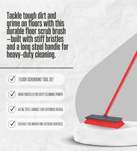 Libman 10 in. W Hard Bristle 48 in. Steel Handle Floor Scrub Brush Bundle with Cleaning Gloves 1 Pair – Heavy-Duty Scraper Brush for Tough Surfaces and Debris Removal – Gift Set (2 Items)