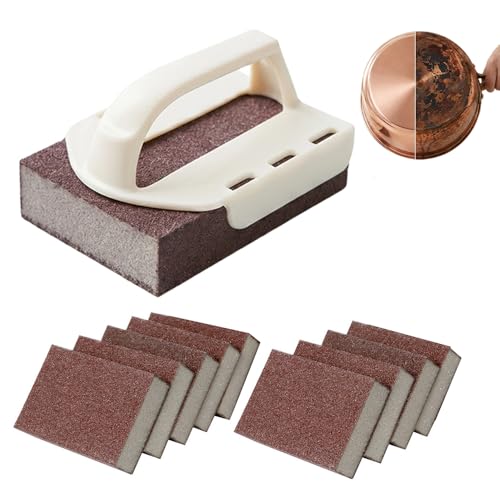 Magics Emery Cleaning Sponge, Pot Scrubber Carborundum Sponge with Handle, Cleaning Eraser Scrub Pads for Cleaning Pots and Pans, BBQ Grill Dish Brush Scouring Pads (Beige 10pcs) - color: Beige 10pcs