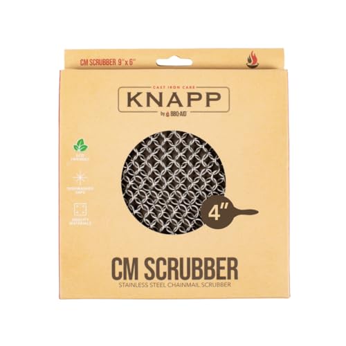 Knapp Made CM Scrubber 4" x 4" Small Ring Chainmail Cast Iron Scrubber, Premium Stainless Steel Mesh Cleaner for Pre-Seasoned Pans, Dutch Ovens, Grills and Skillets - size: 4"x4"