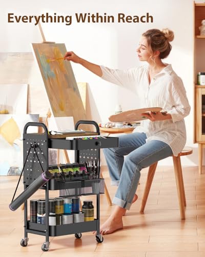 ALVOROG Rolling Cart with Drawer and Wood Table Top, 3 Tier Metal Rolling Utility Cart on Wheels with DIY Pegboards, Hanging Baskets, Hooks for Bedroom,Office,Craft Supplies - color: Black