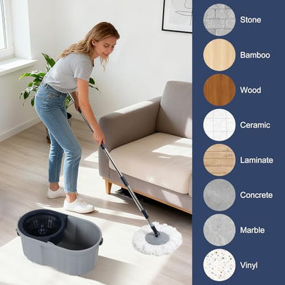 Spin Mop and Bucket System with180-Degree Rotating Head Telescopic Handle Dual Chamber Bucket Floor Cleaning Set with 3 Mop Refills Dual-Function Wringing Hand-Press and Foot-Pedal - color: White and Navy Blue
