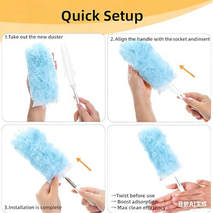 Heavy Duty Duster Refills, Disposable Dusters Kit for Cleaning Dusting Furniture Blind Ceiling Fan, Multi Surface 360 Feather Duster(10)+3FT Extended Handle（1） (Blue) - color: Blue