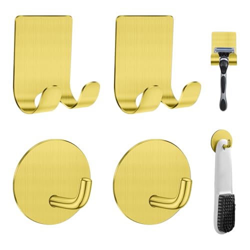 Diesisa Razor Holder for Shower + Adhesive Wall Hooks, Premium 304 Stainless Steel Shower Razor Holder with Heavy Duty Waterproof Sticky Hooks for Hanging Towels, Coat, hat (2+2 Pack)-Gold - color: Gold-4pcs