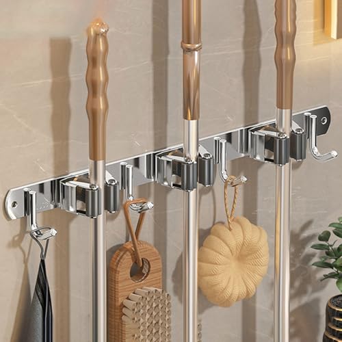 Wall-Mounted Broom Holder Stainless Steel Mop Storage Rack Laundry Room Storage Solution Suitable for Kitchens, Gardens, Garages (Silver: 3 clips with 4 hooks) - color: Silver: 3 clips with 4 hooks