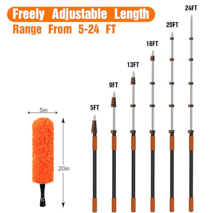 LAANPOLE 30FT Reach Dusters for Cleaning, Ceiling Fan Cleaner Duster with Extension Pole, Wall and Baseboard Cleaner Mop with Handle for Window Cobweb Fan Blade and High Ceiling - size: 24FT