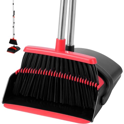 BSKLIN Broom and Dustpan Set for Home, 52" Long Handle Standing Broom Set with Dustpan Self-Cleaning Teeth for Hair Removal Heavy Duty Indoor Outdoor Sweeping Kit for Kitchen Garage (Black) - color: Broom-black