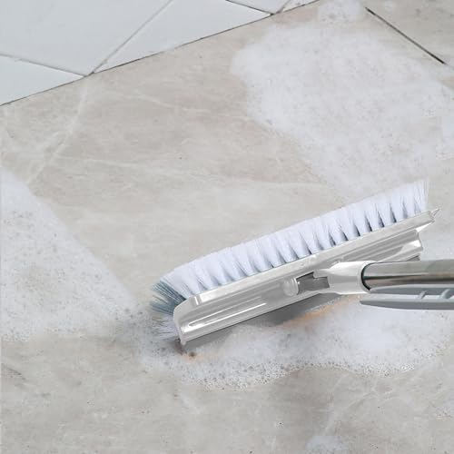 Grout Scrub Brush with 42" Long Handle Double-Sided Floor Scrub Brush V-Shape Grout Cleaner with Squeegee 180° Rotating for Tile Floors, Baseboards, Wall - color: White