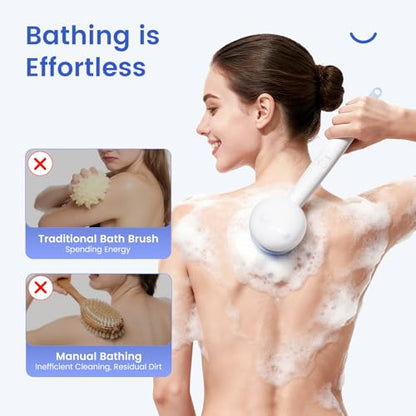 Electric Back Scrubber for Shower Body Brush, Waterproof Shower Body Scrubber for Cleansing, Massaging, Rechargeable Bath Brush for Kids & Adults with 2 Heads & 3 Speed Modes, Milk White XY0