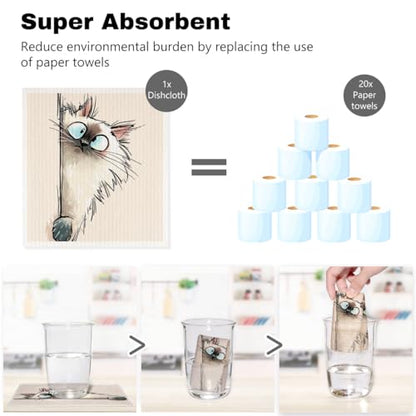 5 Pcs Cartoon Cute Peeking Kitten Swedish Dishcloths, Kitty Swedish Dishcloth, Funny Cat Dish Cloths for Drying Dishes, Reusable Cleaning Cloths, Cat Lover Gifts for Women 9 - color: Lm 03440