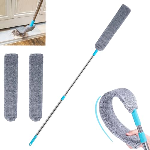 Flat Duster for Under Appliances,Retractable Gap Dust Cleaning Artifact,Bendable Microfiber Duster,Flat Duster with Extension Pole,Under Fridge Cleaning Tool (1 Set+2 Replacement Head) - color: 1 Set+2 Replacement Head