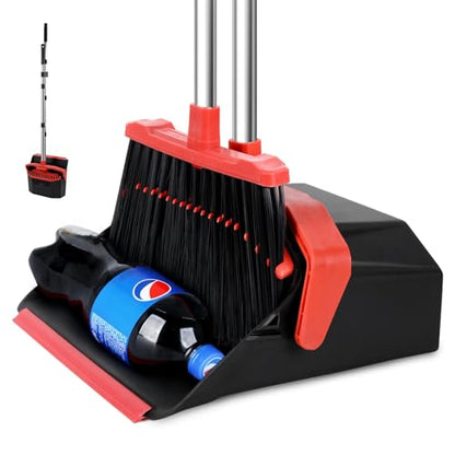 Tiumso Upgrade Broom with Dustpan Combo Set, Broom and Dustpan Set with 51'' Long Handle, Dust Pan and Brooms, ZeroGap Lip, Self-Cleaning Dustpans Teeth for Lobby Kitchen Restaurant - Black and Red - color: Black and Red