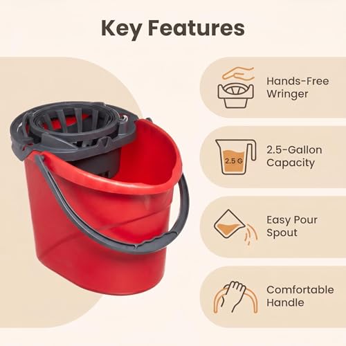 2.5 Gallon Mop Bucket with Built-in Wringer, Hands-Free Mop Bucket for Floor Cleaning, Compact Cleaning Bucket with Pour Spout and Comfort Grip Handle, Heavy-Duty Mop Wringer Bucket, Red