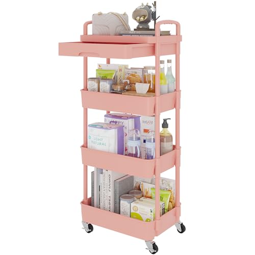 Calmootey 4-Tier Rolling Utility Cart with Drawer,Multifunctional Storage Organizer with Plastic Shelf & Metal Wheel,Storage Cart for Kitchen,Bathroom,Living Room,Office,Pink - color: Pink, size: 4-Tier