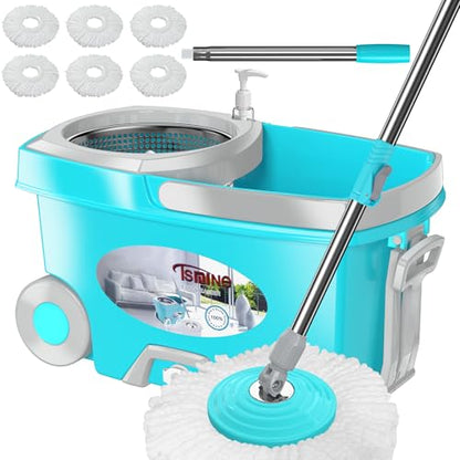 FunClean Spin Mop and Bucket for Home Cleaning, 360° Rotating Floor Mop with Wringer, Adjustable 61" Handle for Back Pain Relief, 6 Microfiber Replacement Heads, 2 Easy-Move Wheels - Blue - size: Blue Mop Bucket with 6 Extra Refills