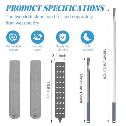 Retractable Gap Dust Cleaner with 15-98 Inch Extension Pole, Flat Duster for Under Appliances and Furniture, Includes 2 Washable Microfiber Pads for High Ceilings and Hard to Reach Spaces