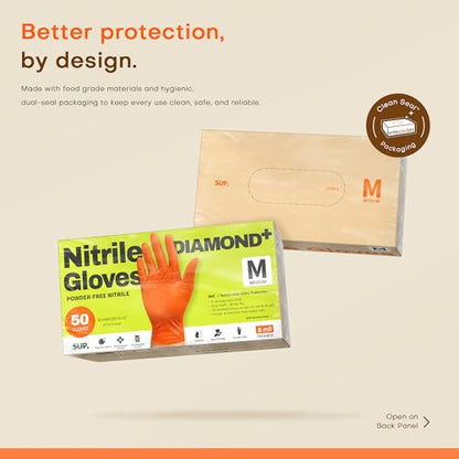 SUPER+ HEAVY DUTY Nitrile Gloves 8 Mil Diamond Texture Disposable Chemical Resistant Powder &Latex Free Food Safe Orange 50Ct - color: Medium (Orange)
