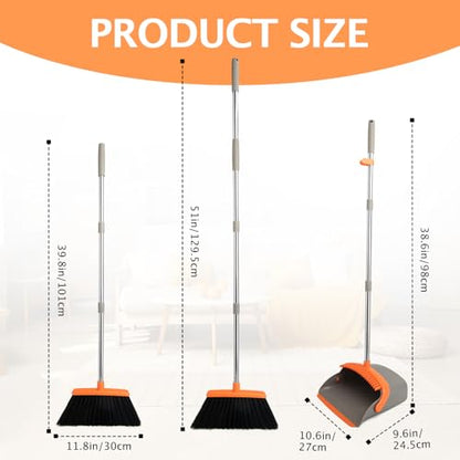 2-Pack Broom and Dustpan Set with Long Handle, Heavy Dust Broom and Dustpan Combo for Home，Kitchen, Office, Pet Hair(Gray Orange) - color: Gray Orange 2-pack