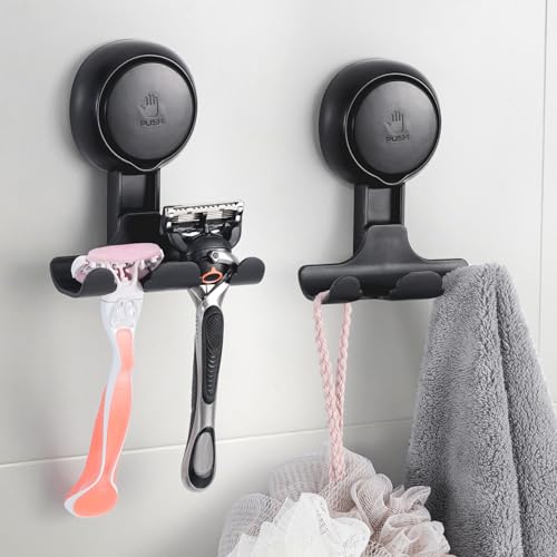 LEVERLOC Razor Holder for Shower 2 Pack, Powerful Vacuum Suction Cup Hook for Towel, Loofah, Razor, Squeegee, Damage-Free Wall Shower Hook, Shaver Holder for Bathroom, Easy to Install and Reuse, Black - color: Black, Round