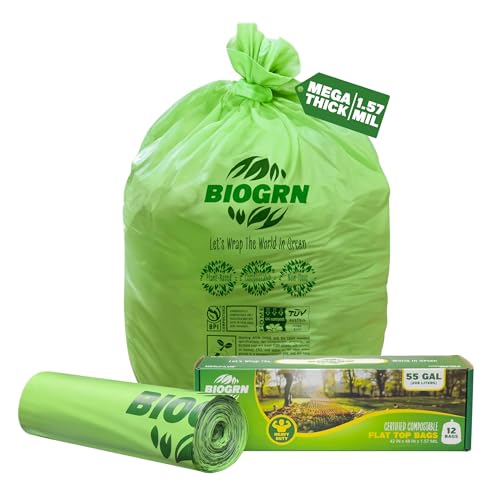 50-55 Gallon Compostable Trash Bags, 12 Count, 1.57 Mil Heavy Duty Flat Top Large Trash Bags for Lawn, Leaf, Yard Waste & Outdoor Garden Cleanup, ASTM D6400 BPI & OK Compost HOME Certified - color: 55 Gallon, Flat Top, 12 Count