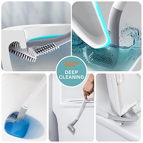 Toilet Brush, Long Handle Golf Toilet Brush with Holder 360° Deep Cleaning Flexible Silicone Toilet Cleaner Brush Wall Mounted for Bathroom (White) - color: White