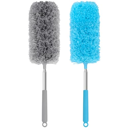 Mini Microfiber Duster for Cleaning, Hand Duster with Extension Pole, Washable Small Duster for Car Interior, Office, Furniture - color: Blue Grey